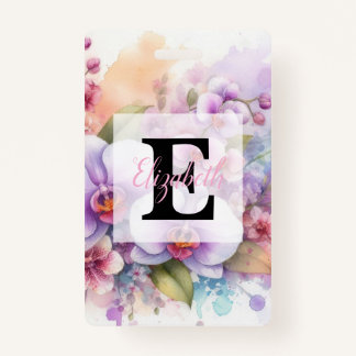 Floral watercolor monogram pink orchid flowers  ausweis