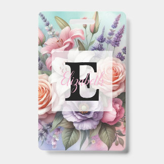 Floral watercolor monogram pink purple flowers  ausweis