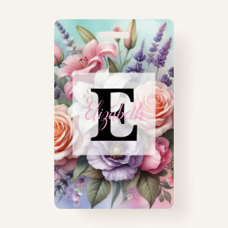 Floral watercolor monogram pink purple flowers  ausweis