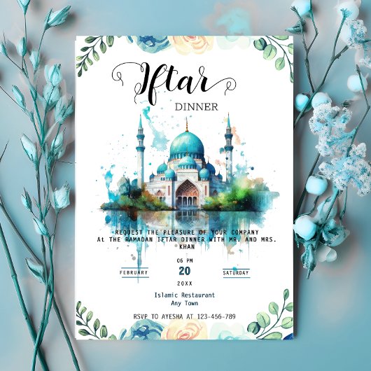 Floral Watercolor Mosque ramadan Iftar Invitation Einladung