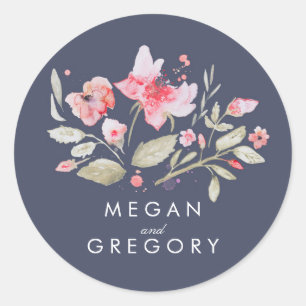 Floral Watercolor Navy Pink Hochzeit Runder Aufkleber