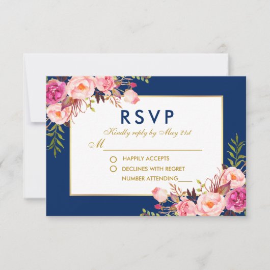 Floral Watercolor Pink Blue Gold Wedding RSVP (Vorderseite)