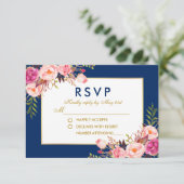 Floral Watercolor Pink Blue Gold Wedding RSVP (Stehend Vorderseite)