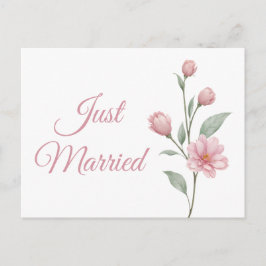 Floral Watercolor Pink Sage Just Married Wedding Ankündigungspostkarte