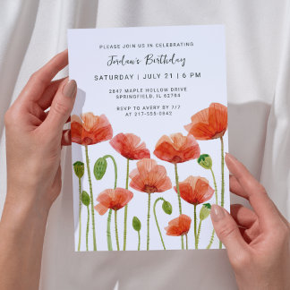 Floral Watercolor Poppies Modern Any Age Birthday  Einladung