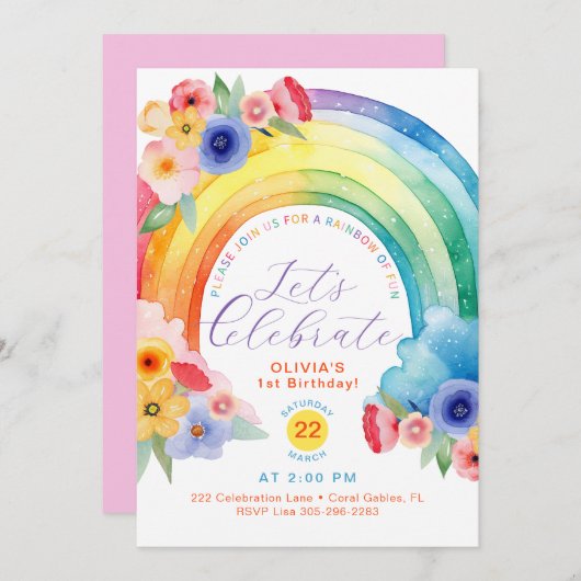 Floral Watercolor Rainbow 1. Geburtstag Einladung (Vorne/Hinten)