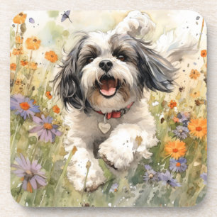 Floral Watercolor Shih Tzu läuft durch Blume Getränkeuntersetzer