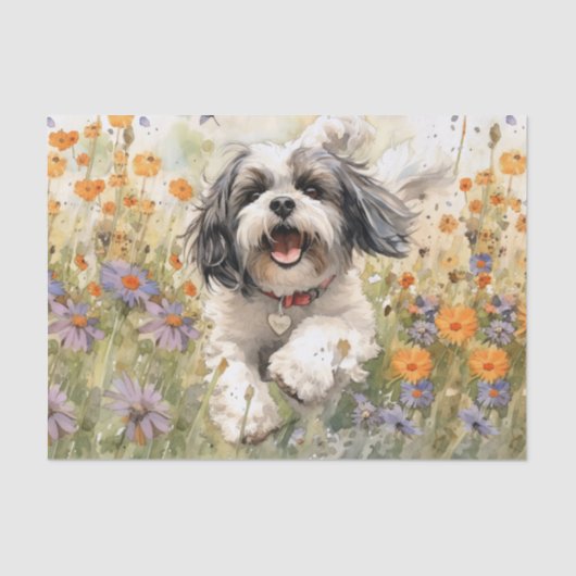 Floral Watercolor Shih Tzu läuft durch Blume Seidenpapier (Vorderseite)