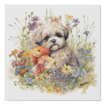 Floral Watercolor Shih Tzu umarmt einen Teddybär