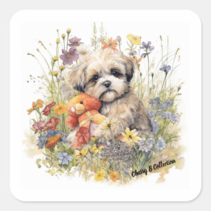 Floral Watercolor Shih Tzu umarmt einen Teddybär Quadratischer Aufkleber