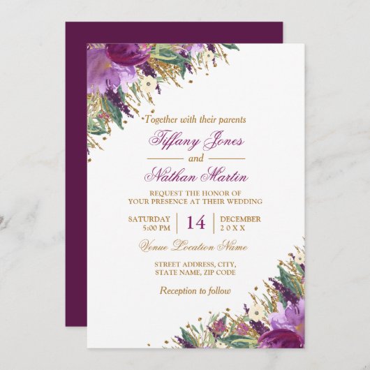 Floral Watercolor Sparkling Amethyst Wedding Einladung (Vorne/Hinten)