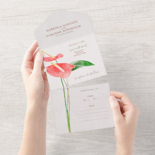 Floral Watercolor Tropical Laceleaf Wedding All In One Einladung