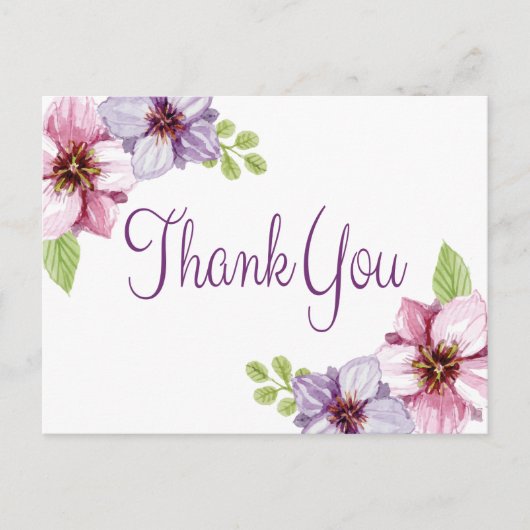 Floral Watercolor Vielen Dank Lila Blume Postkarte (Vorderseite)