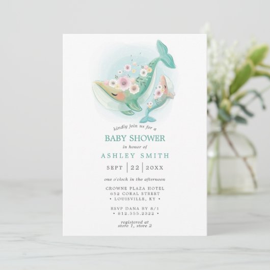 Floral Watercolor Whale Aquamarin Babydusche Einladung (Stehend Vorderseite)