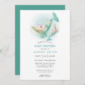 Floral Watercolor Whale Aquamarin Babydusche Einladung (Vorne/Hinten)
