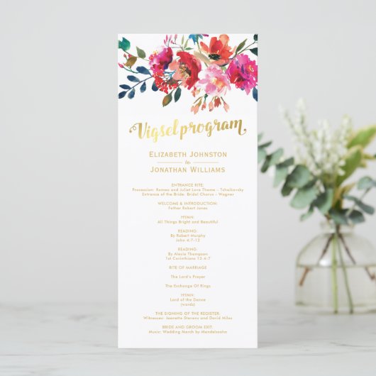 Floral Watercolor White Gold Hochzeitsprogramm Programm (Stehend Vorderseite)