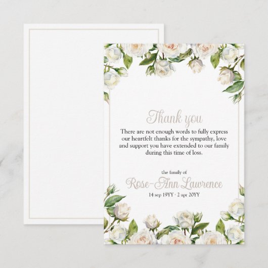 Floral watercolor white roses frame funeral dankeskarte (Vorne/Hinten)