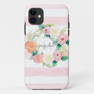 Floral Watercolor Wraath Pink White Strip w Name Case-Mate iPhone Hülle