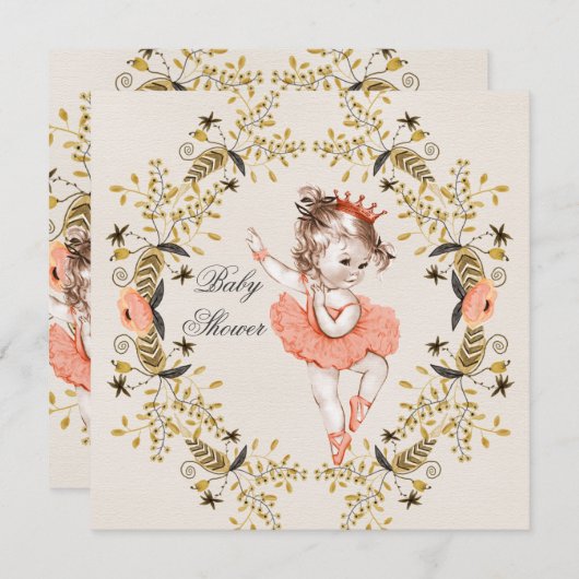 Floral Watercolor Wreath Ballerina Babydusche Einladung (Vorne/Hinten)