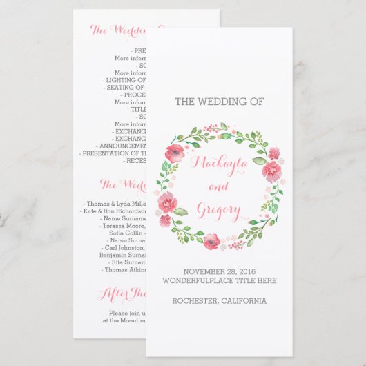 Floral Watercolor Wreath Elegante Hochzeitsprogram Programm (Vorne/Hinten)