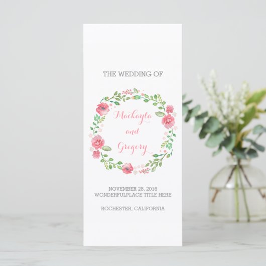 Floral Watercolor Wreath Elegante Hochzeitsprogram Programm (Stehend Vorderseite)
