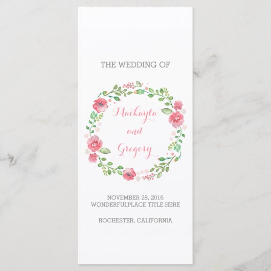 Floral Watercolor Wreath Elegante Hochzeitsprogram Programm (Vorderseite)