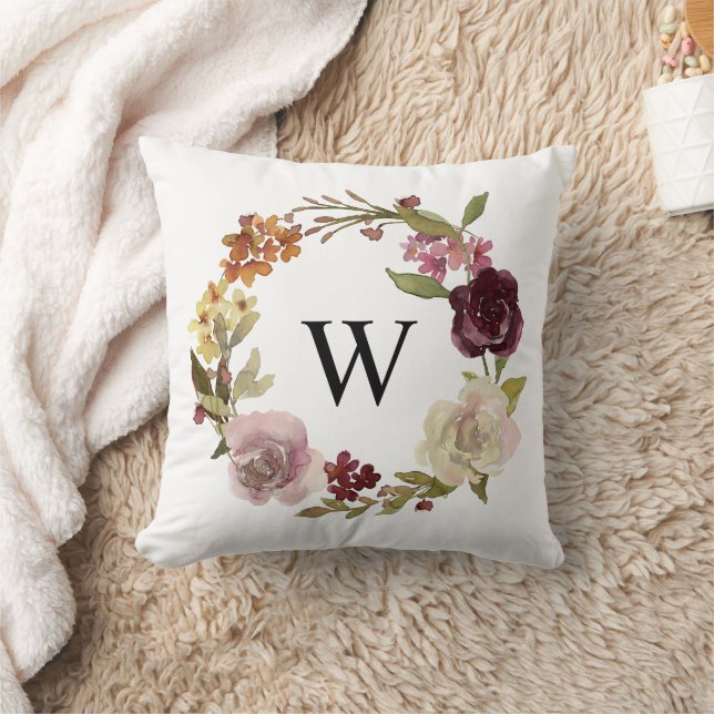 Floral Watercolor Wreath Monogram Kissen (Decke)