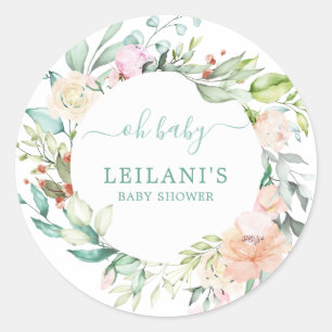 Floral Watercolor Wreath Oh Baby Dusche Runder Aufkleber
