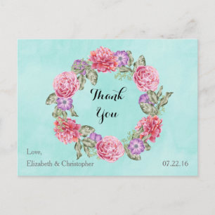 Floral Watercolor Wreath Wedding Vielen Dank Postkarte