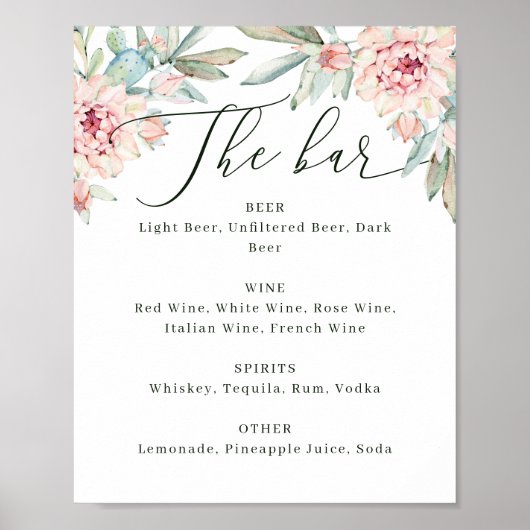 Floral Wedding Bar Menu Sign. Watercolor Botanical Poster (Vorne)