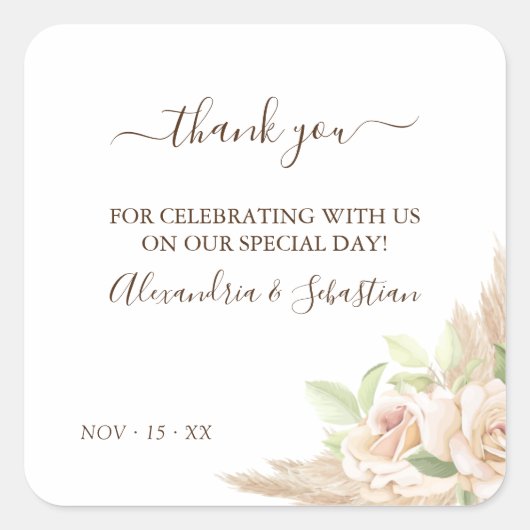 Floral Wedding Danke Square Sticker (Vorderseite)