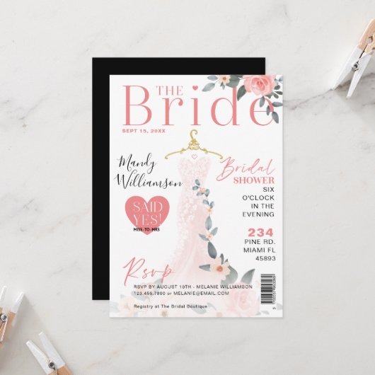 Floral Wedding Dress Brautparty Magazine Cover Einladung (Vorderseite/Rückseite Beispiel)