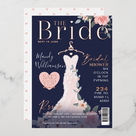 Floral Wedding Dress Brautparty Titelblatt Folieneinladung (Vorderseite/Rückseite)