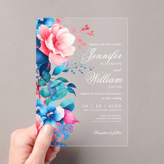 Floral Wedding Elegante Script Typografie Blue Pin Acryleinladungen (Insitu (Handheld))