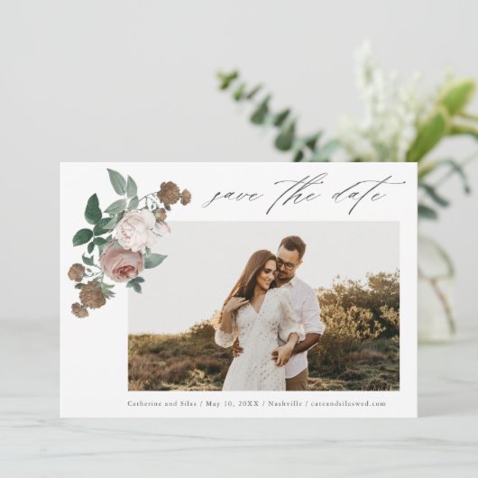 Floral Wedding Foto Save The Date (Stehend Vorderseite)