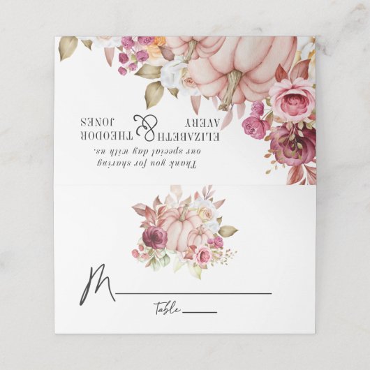 Floral Wedding Herbst Pink Burgundy Pumpkin Platzkarte (Außenseite Aufgefaltet)
