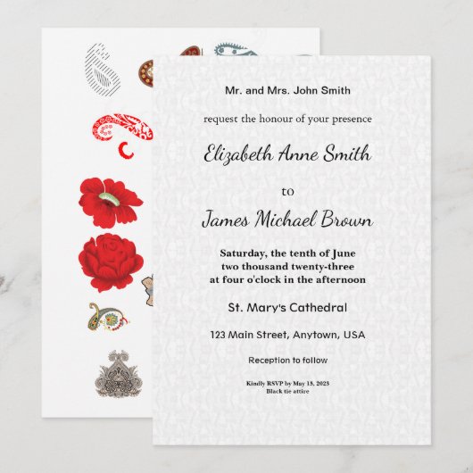 Floral Wedding Invitation Elegant Red Rose Karte (Vorne/Hinten)