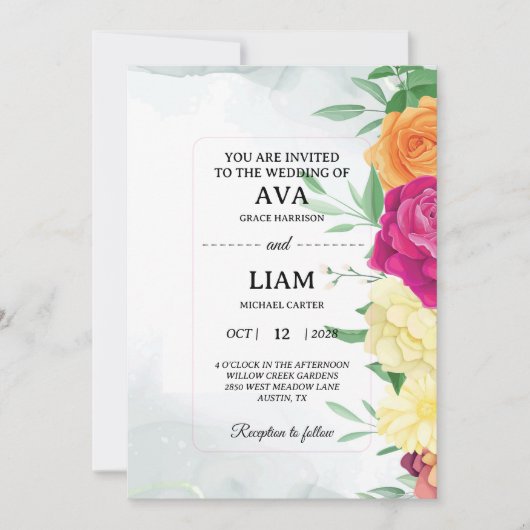 Floral Wedding Invitation with Modern Framed Text Einladung (Vorderseite)