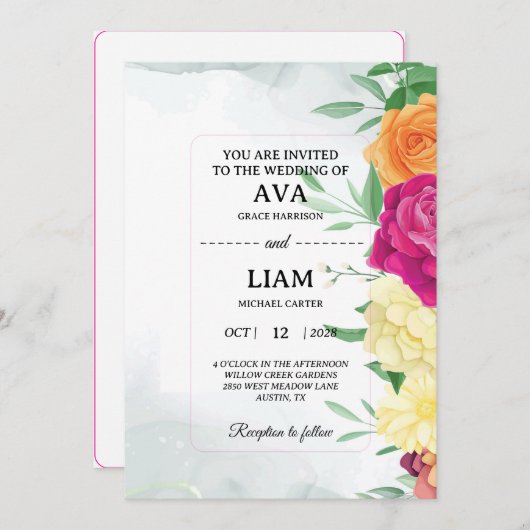 Floral Wedding Invitation with Modern Framed Text Einladung (Vorne/Hinten)