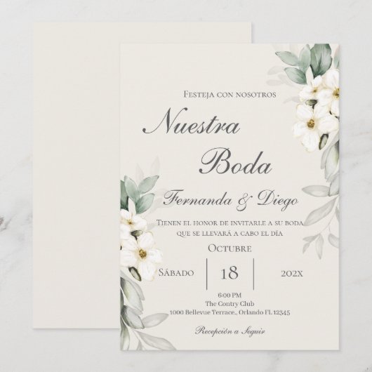 Floral Wedding invite in Spanish Einladung (Vorne/Hinten)