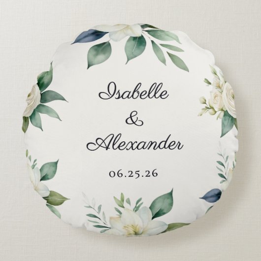 Floral Wedding Keepsake Elegant Decor Personalized Rundes Kissen (Vorderseite)