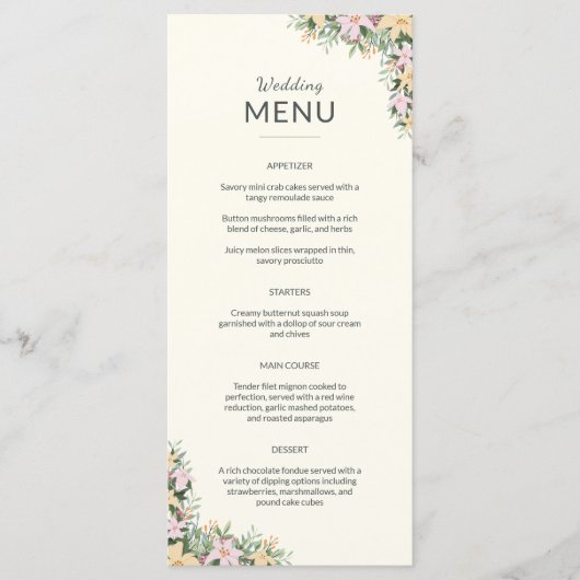 Floral wedding menu - boho style menükarte (Vorderseite)