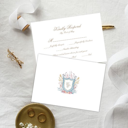 Floral Wedding Monogram Crest RSVP Card