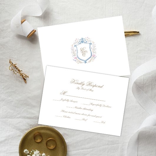 Floral Wedding Monogram Crest RSVP Card Karte