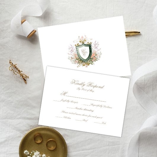 Floral Wedding Monogram Crest RSVP Card Karte