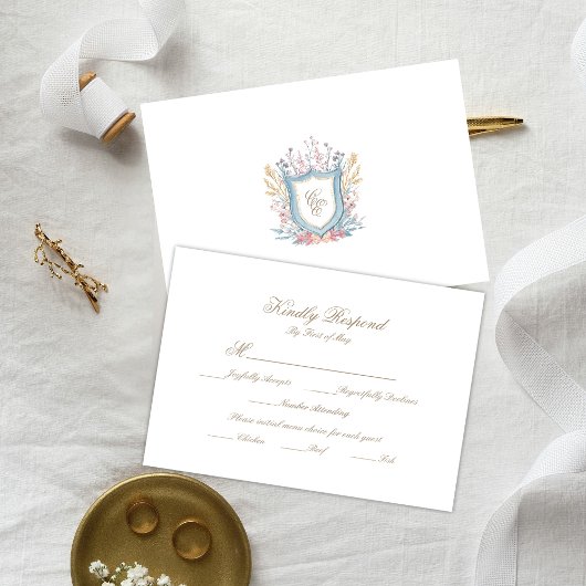 Floral Wedding Monogram Crest RSVP Card Karte