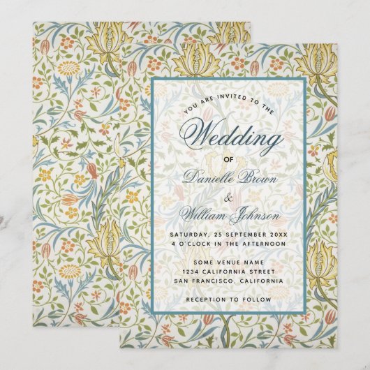 Floral Wedding Morris Muster Elegantes Skript Einladung (Vorne/Hinten)