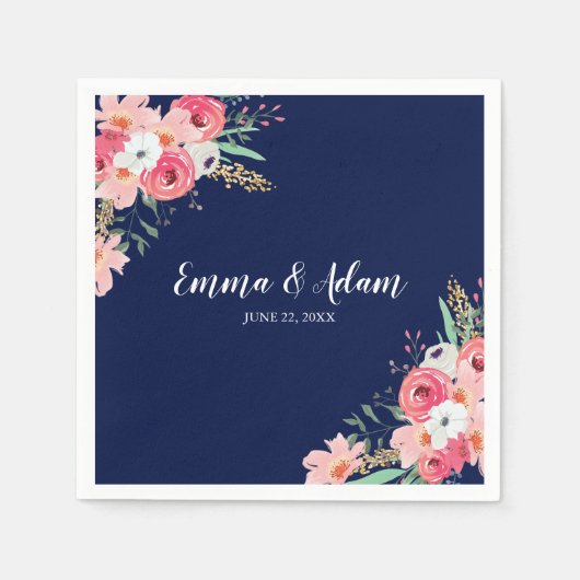 Floral Wedding Napkin Botanische Blume Navy Blue Serviette (Vorderseite)