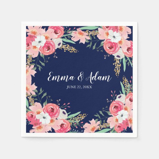 Floral Wedding Napkin Botanische Blume Navy Blue Serviette (Vorderseite)