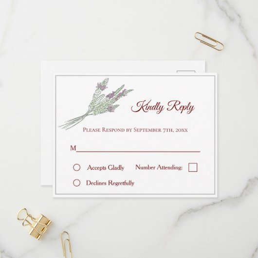 Floral Wedding RSVP Postcard mit Lavender Einladungspostkarte (Vorderseite/Rückseite Beispiel)